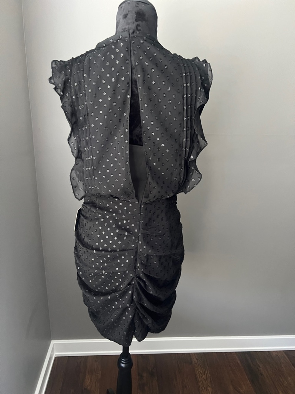 Express Black Ruffle Sleeve Mini Dress with Subtle Dot Texture - Picture 3 of 3